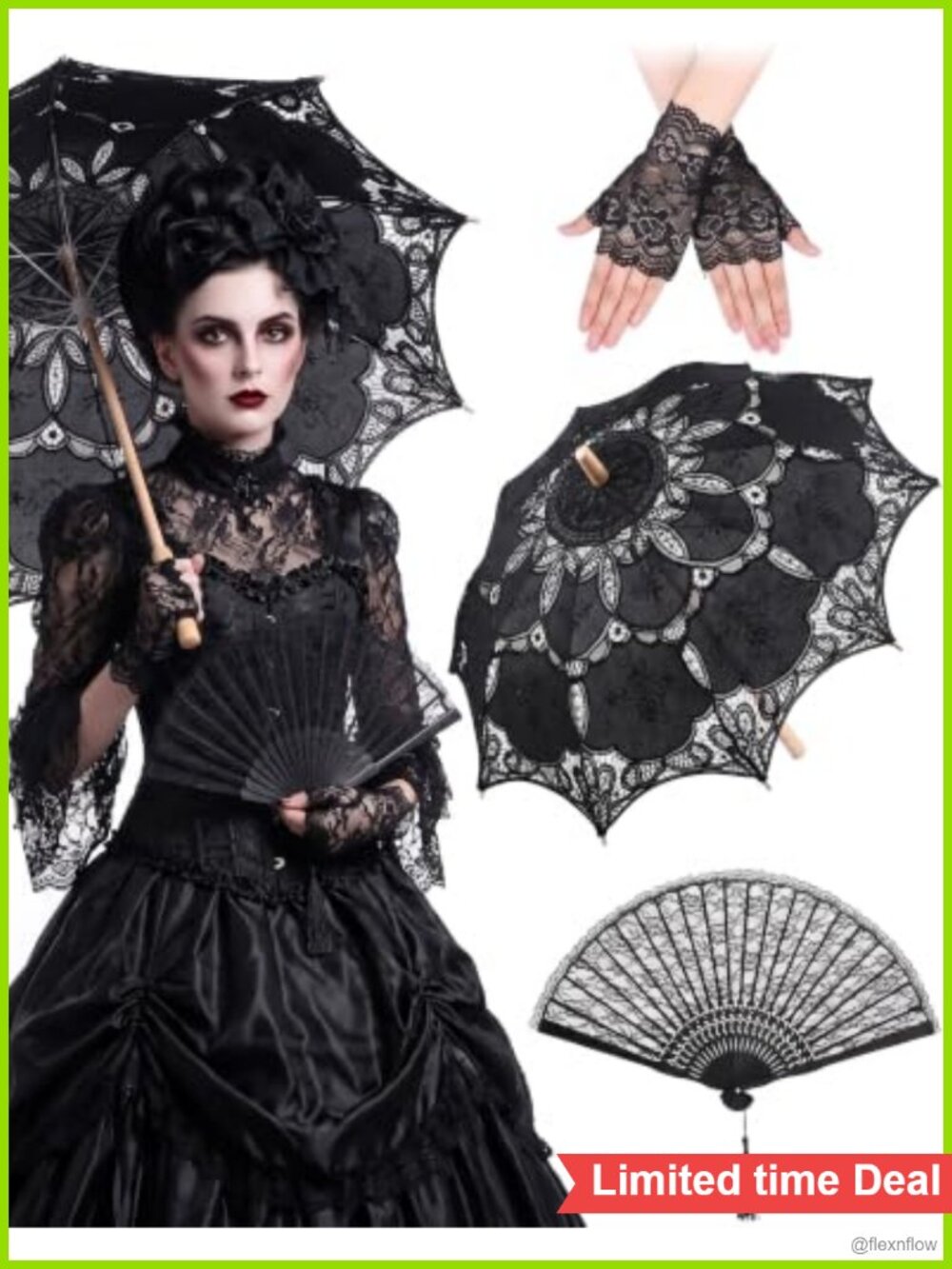 Lace Parasol Set Wood Umbrella Fan Gloves Costume Accessories